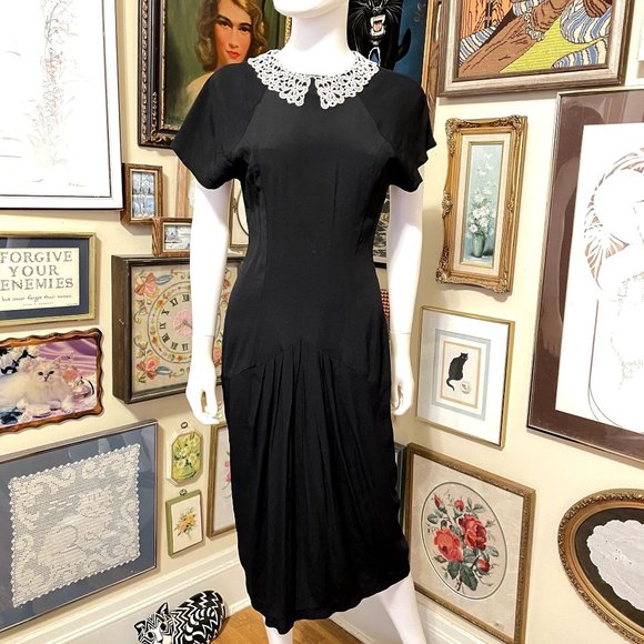 80s Does 40s Phoebe Black Crepe Cap Sleeve Drop Waist Midi Dress with Crochet La - Picture 1 of 8